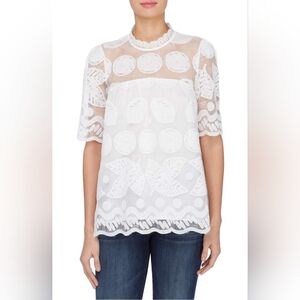 Anthropologie HD In Paris White Lemon Lily Lace Blouse Top Mock Neck Size 2